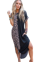 Load image into Gallery viewer, Black Contrast Solid Leopard Short Sleeve T-shirt Dress with Slits
