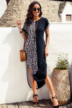 Load image into Gallery viewer, Black Contrast Solid Leopard Short Sleeve T-shirt Dress with Slits

