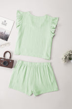 Load image into Gallery viewer, Green Crinkled Texture V Neck Ruffled Sleeve Tops and Shorts Set
