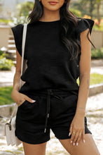 Load image into Gallery viewer, Black Textured Ruffled Sleeve Tee and Drawstring Shorts Set
