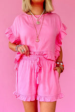 Load image into Gallery viewer, Pink Ruffled Hem Short Sleeve Elastic Drawstring Waist Pocketed Shorts Set
