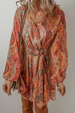 Load image into Gallery viewer, Orange Boho Paisley Print Long Sleeve Pleated Belted Mini Dress
