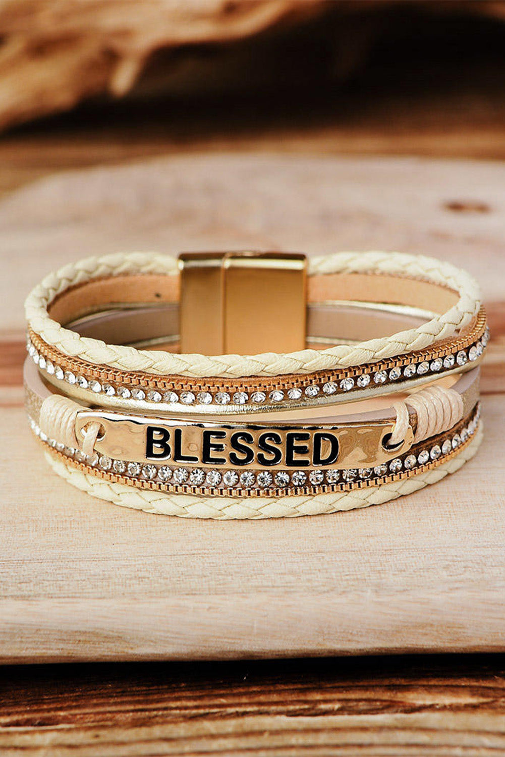 BLESSED Rhinestone Leather Layered Bracelet
