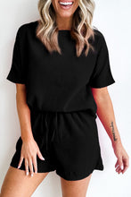Load image into Gallery viewer, Black Casual Textured Tee and Drawstring Shorts Set
