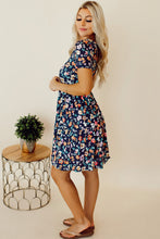 Load image into Gallery viewer, Blue Short Sleeve A-line Floral Dress
