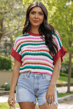 Load image into Gallery viewer, Fiery Red Trimmed Ruffle Sleeve Colorful Textured Sweater
