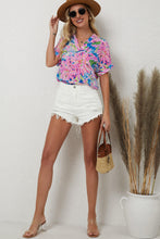 Load image into Gallery viewer, Pink Abstract Floral Print Notch V Neck Rolled Short Sleeve Blouse
