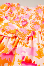 Load image into Gallery viewer, Orange Abstract Print Smocked Lantern Sleeve Ruffle Mini Dress
