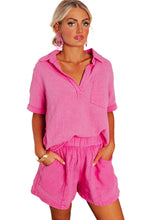 Load image into Gallery viewer, Rose Crinkle Textured Polo Shirt and High Waist Shorts Set
