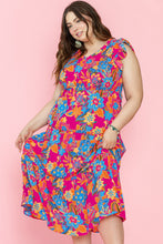 Load image into Gallery viewer, Red Floral Print Ruffled Sleeveless Plus Size Long Dress
