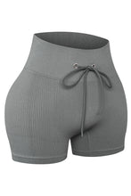 Load image into Gallery viewer, Black Solid Color Ribbed Drawstring Waist Yoga Shorts
