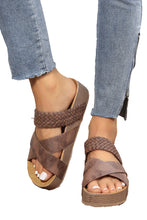 Load image into Gallery viewer, Brown Braided Detail Criss Cross Platform Slippers
