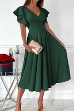 Load image into Gallery viewer, Green Ruffled Sleeve Wrap V Neck Midi Dress
