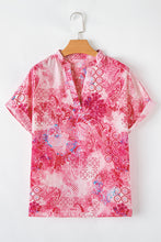 Load image into Gallery viewer, Pink Abstract Floral Print Notch V Neck Rolled Short Sleeve Blouse
