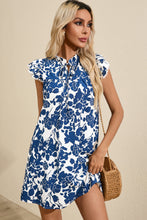 Load image into Gallery viewer, Sail Blue Floral Ruffled Cap Sleeve Tied Neck Mini Dress
