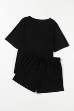 Load image into Gallery viewer, Black Casual Textured Tee and Drawstring Shorts Set
