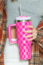 Load image into Gallery viewer, Bright Pink Checkered Print Handled Stainless Steel Tumbler Cup 40oz
