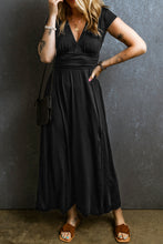 Load image into Gallery viewer, Black Short Sleeve Shirred High Waist V Neck Maxi Dress
