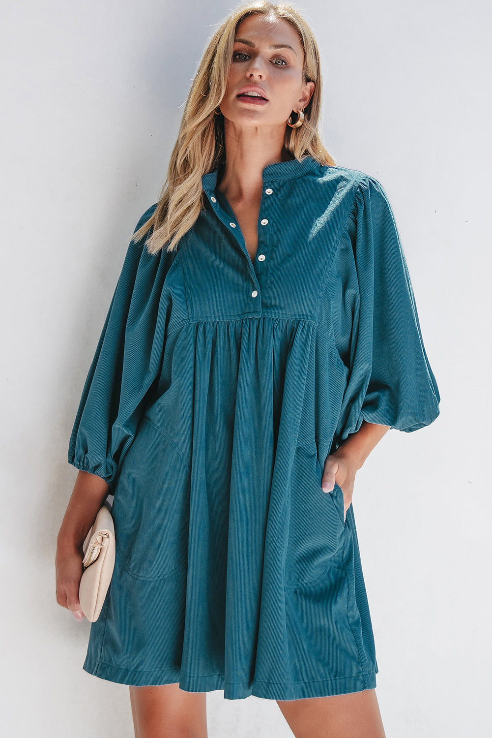 Blue Corduroy Snap Buttons Empire Waist Bracelet Sleeve Dress – Sofia  Jewelry llc
