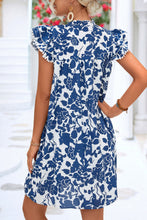 Load image into Gallery viewer, Sail Blue Floral Ruffled Cap Sleeve Tied Neck Mini Dress
