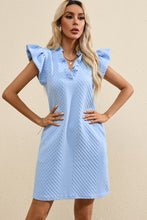 Load image into Gallery viewer, Light Blue Textured Puff Sleeve Ruffled V Neck Shift Mini Dress
