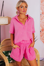 Load image into Gallery viewer, Rose Crinkle Textured Polo Shirt and High Waist Shorts Set
