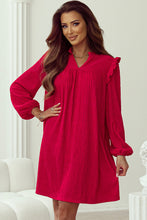 Load image into Gallery viewer, Fiery Red Textured Ruffled Trim V Neck Loose Fit Mini Dress

