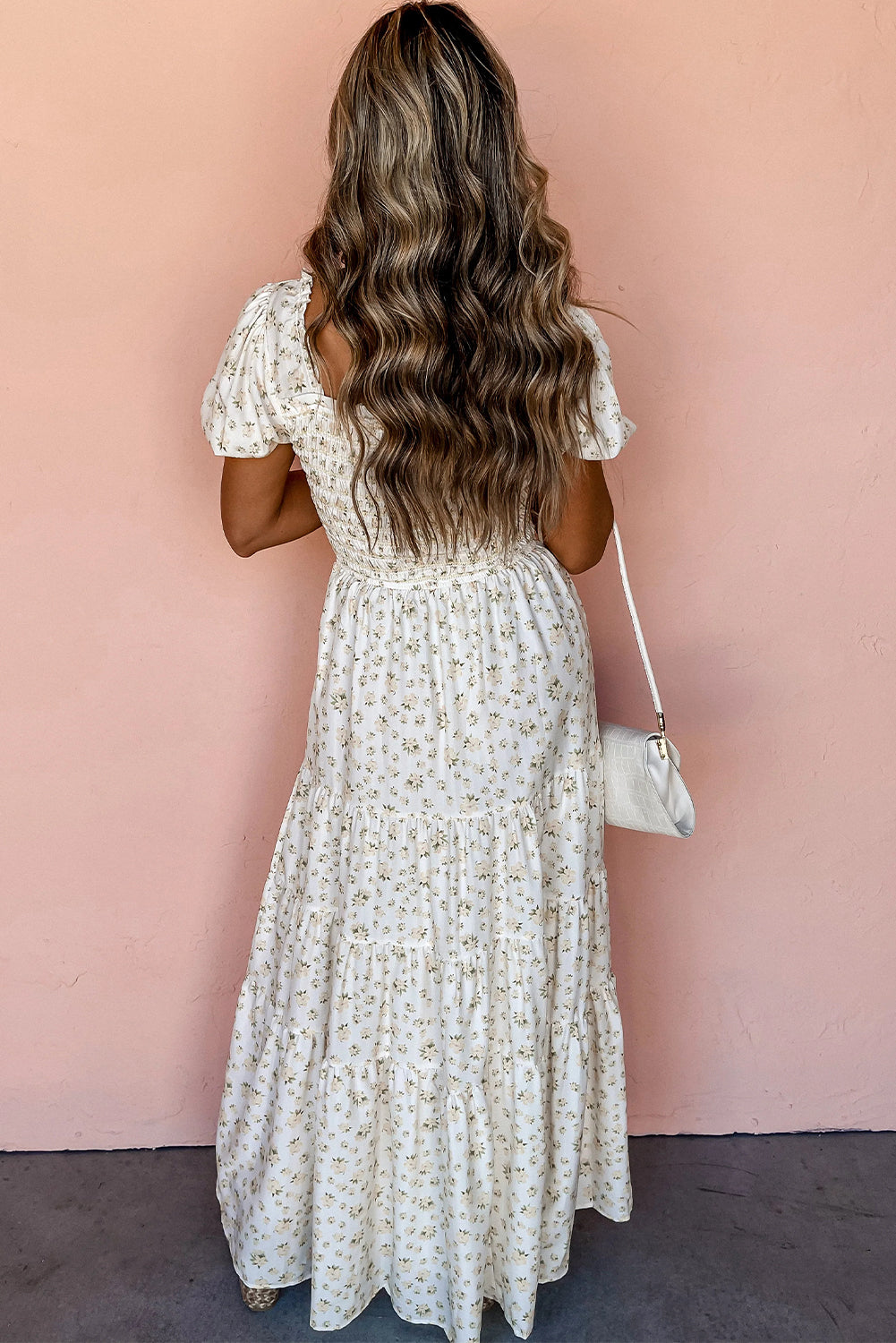 white shirred maxi dress White Frilly Shirred Bodice Tiered Floral Maxi Dress – Sofia Jewelry llc