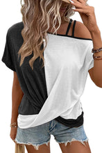 Load image into Gallery viewer, Khaki Asymmetric Colorblock Strappy Cold Shoulder Twist Hem Top
