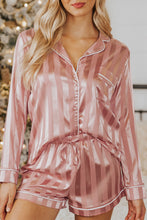 Load image into Gallery viewer, Pink Striped Print Buttoned Shirt and Drawstring Shorts Lounge Set
