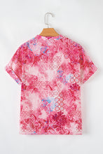 Load image into Gallery viewer, Pink Abstract Floral Print Notch V Neck Rolled Short Sleeve Blouse
