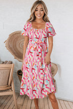 Load image into Gallery viewer, Pink Brush Stroke Printed Smocked Ruffle Tiered Dress
