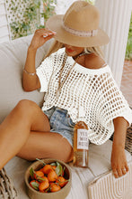 Load image into Gallery viewer, Apricot Fishnet Knit Ribbed Round Neck Short Sleeve Sweater Tee
