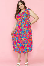 Load image into Gallery viewer, Red Floral Print Ruffled Sleeveless Plus Size Long Dress
