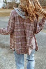 Load image into Gallery viewer, Purple Plaid Contrast Hooded Drawstring Shacket
