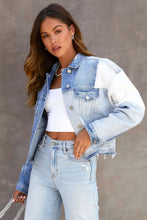 Load image into Gallery viewer, Sky Blue Color Block Denim Patchwork Frayed Hem Jacket
