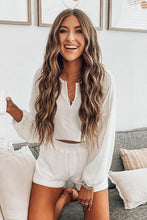 Load image into Gallery viewer, White Waffle Knit Buttoned Long Sleeve Crop and Shorts Lounge Set
