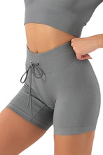Load image into Gallery viewer, Black Solid Color Ribbed Drawstring Waist Yoga Shorts
