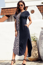 Load image into Gallery viewer, Black Contrast Solid Leopard Short Sleeve T-shirt Dress with Slits
