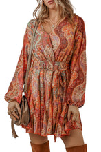Load image into Gallery viewer, Orange Boho Paisley Print Long Sleeve Pleated Belted Mini Dress
