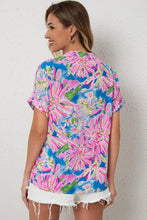 Load image into Gallery viewer, Pink Abstract Floral Print Notch V Neck Rolled Short Sleeve Blouse
