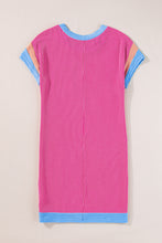 Load image into Gallery viewer, Rose Red Textured Colorblock Edge Patched Pocket T Shirt Dress
