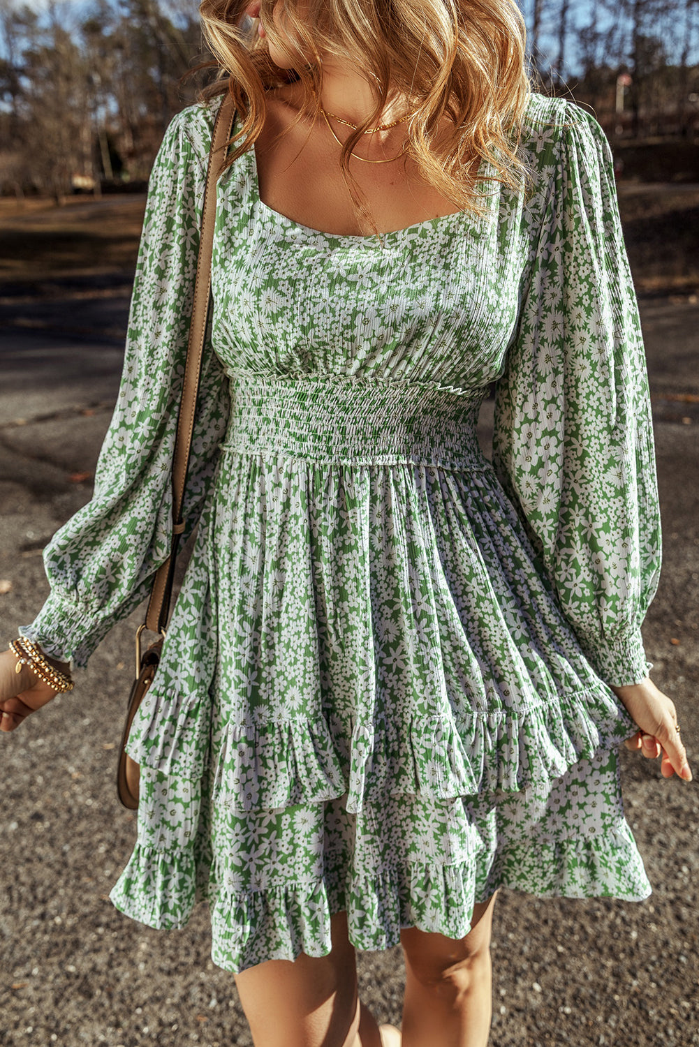 Green Floral Print Square Neck Shirred Waist Tiered Ruffled Mini Dress Sofia Jewelry llc Green Floral Print Square Neck Shirred Waist Tiered Ruffled Mini Dress Sofia Jewelry llc