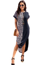 Load image into Gallery viewer, Black Contrast Solid Leopard Short Sleeve T-shirt Dress with Slits
