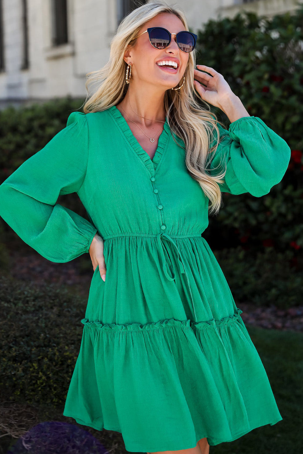 Sea Green Frilly V Neck Puff Sleeve Drawstring Shift Mini Dress Sea Green Frilly V Neck Puff Sleeve Drawstring Shift Mini Dress