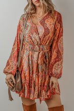 Load image into Gallery viewer, Orange Boho Paisley Print Long Sleeve Pleated Belted Mini Dress

