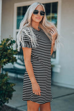 Load image into Gallery viewer, Black Striped T-shirt Mini Dress with Ruffled Sleeves
