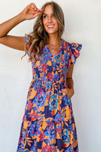 Load image into Gallery viewer, Dark Blue Boho Floral V Neck Ruffle Tiered Long Dress
