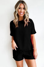 Load image into Gallery viewer, Black Casual Textured Tee and Drawstring Shorts Set

