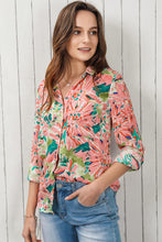 Load image into Gallery viewer, Pink Abstract Floral Print Notch V Neck Rolled Short Sleeve Blouse
